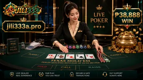 Portrait-style JILI333 live casino view with dealer action above and interface controls below