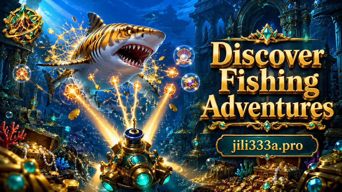 JILI333 game download fishing scene with a jewel-finned fish crossing open water above a gold-and-emerald cannon