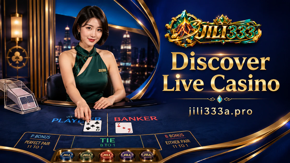 JILI333 online casino live dealer facing a green-black table as the visible surface clears between round states